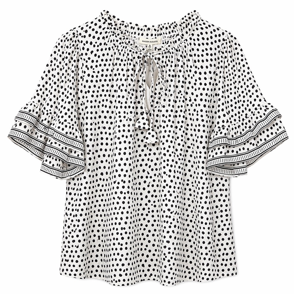 Max Studio Polka Dot Blouse 1X NWT Boho Peasant Top Black White‎